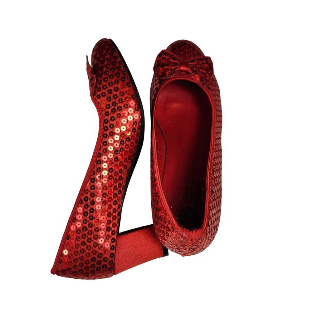 Rubies II Red Sequin Shoes Bow Block Heel Dorothy Wizard of Oz Womens 8 Costume